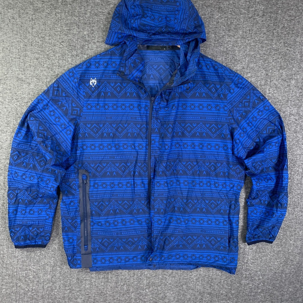 Greyson Rain Jacket Men Extra Large Blue Wolf Aztec Southwestern Golf Windbreake